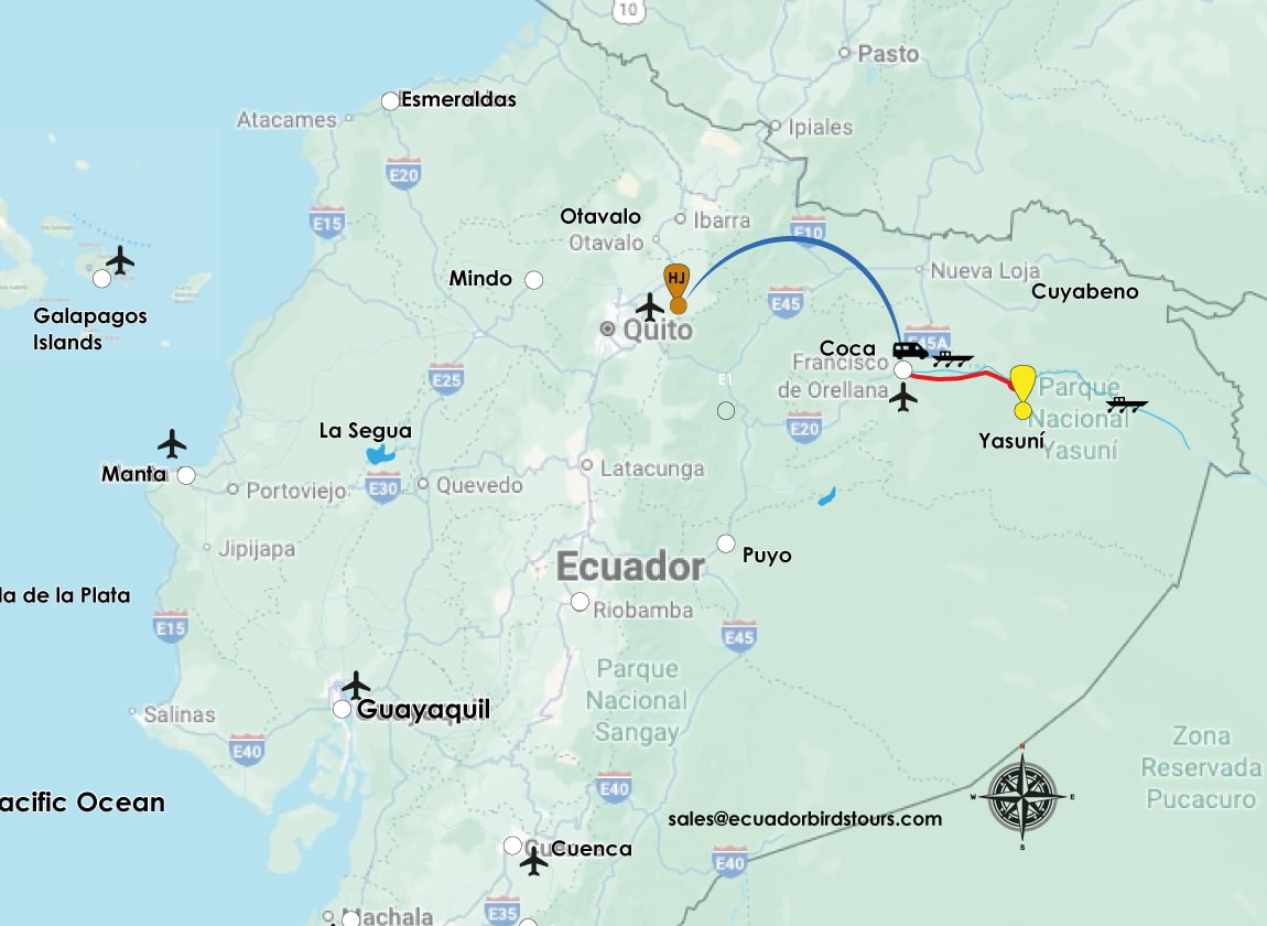 4 days birding map napo wildlife center