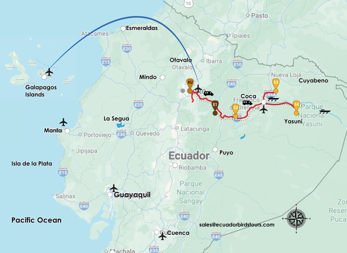 12 days birding map in ecuador