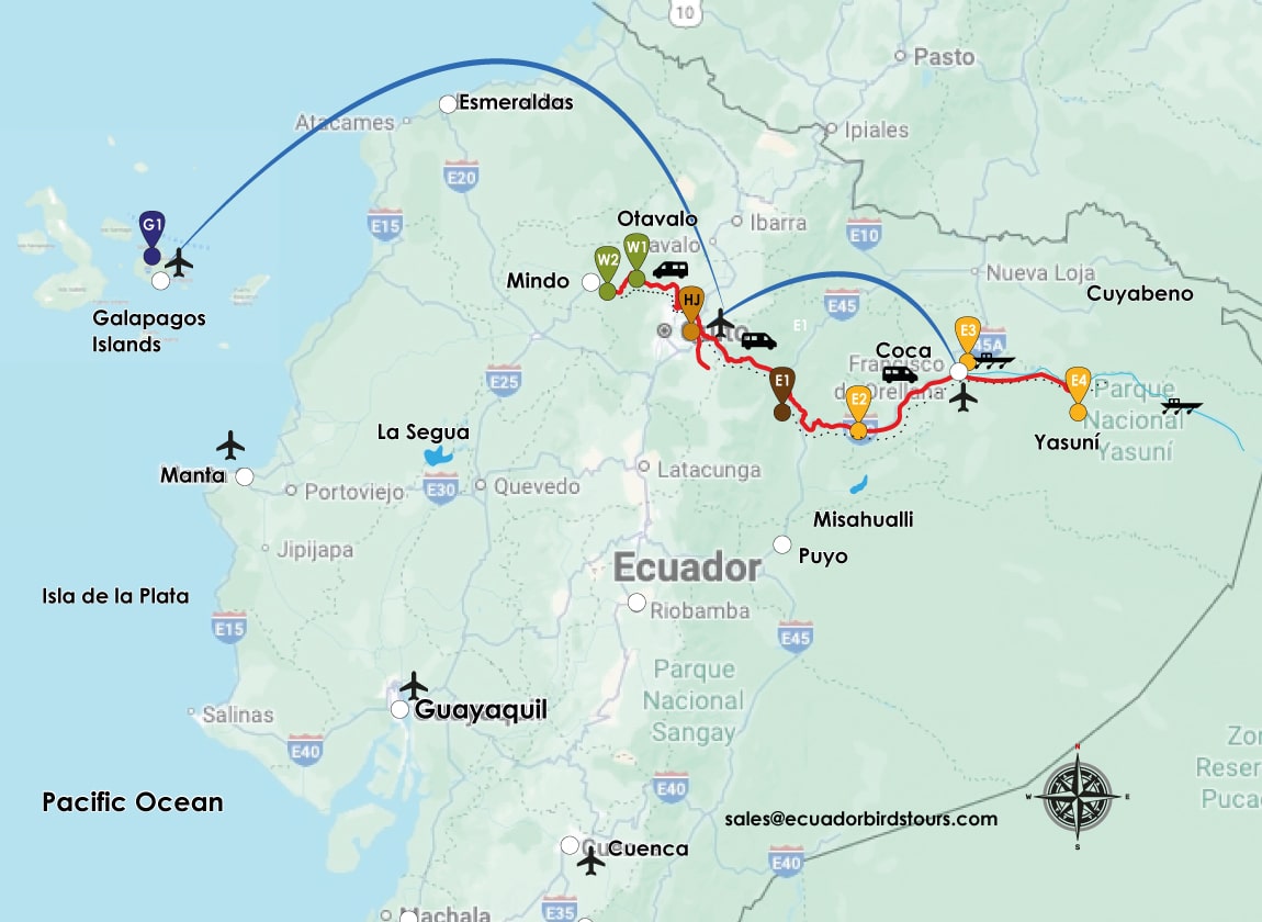 25 days birding map with galapagos ecuador birds tours