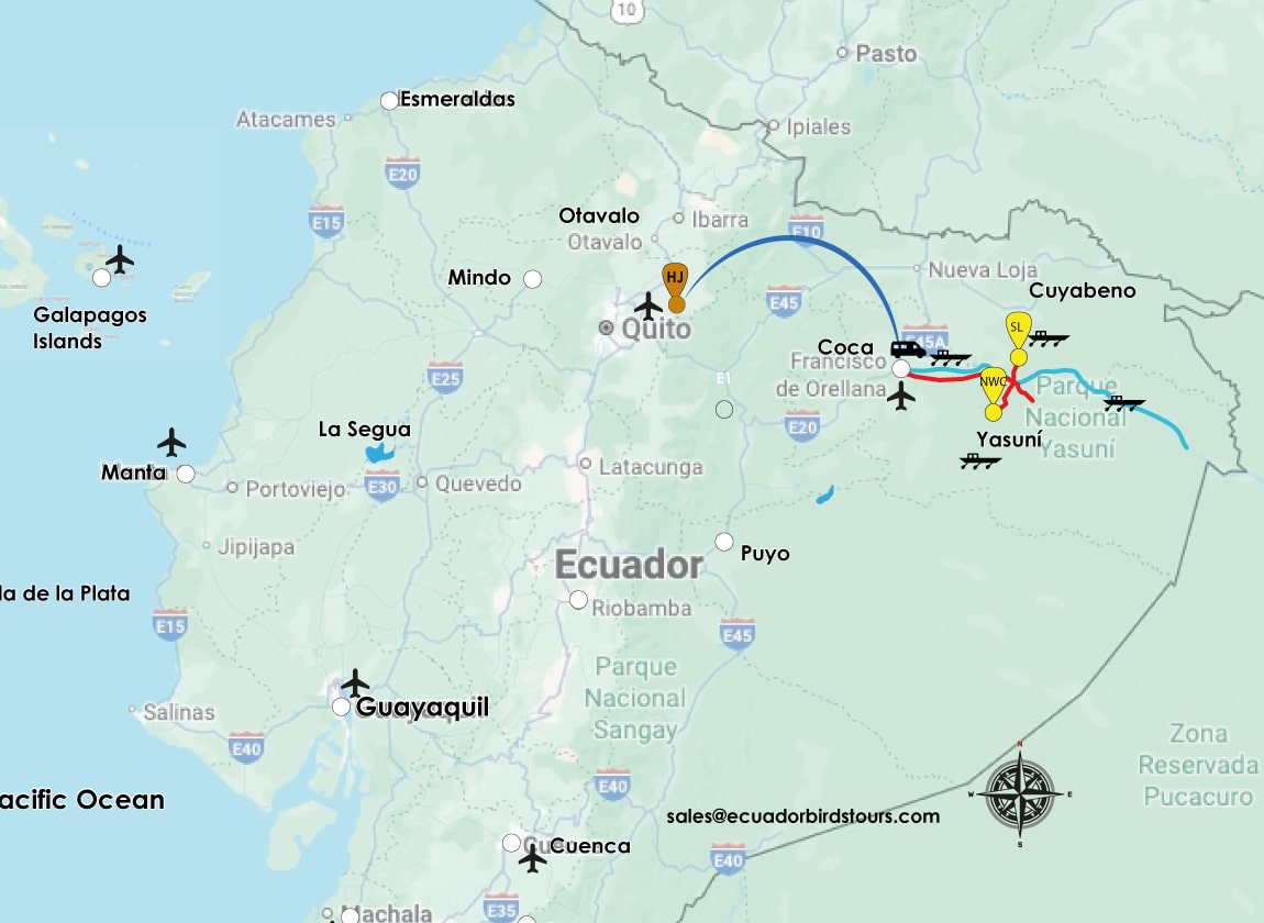7 days birding map sacha and napo